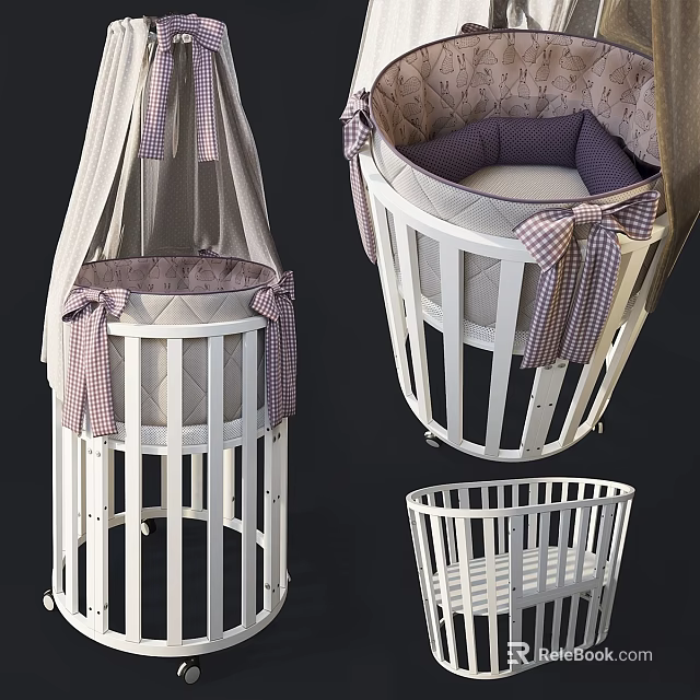 White Frame Baby Crib With Canopy Plaid Ribbons And Purple Mattress 3d model 
