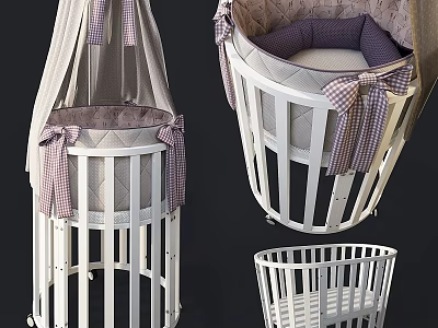 White Frame Baby Crib With Canopy Plaid Ribbons And Purple Mattress 3d model