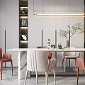Modern Restaurant Interior With Rectangular Dining Table Pink Beige Chairs Pendant Light And Decorative Plant
