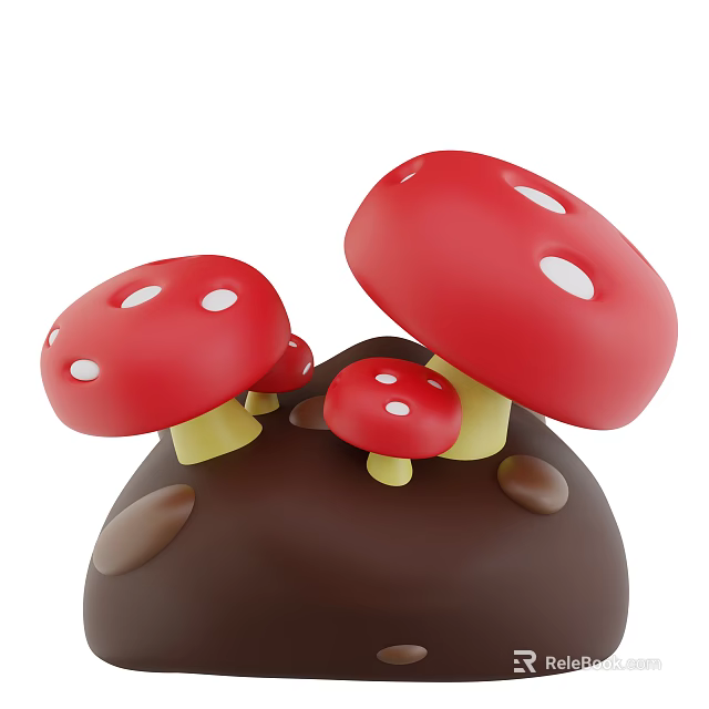 Red Mushrooms With White Spots And Yellow Stems On Brown Chocolate Ball With Small Dots 3d model 