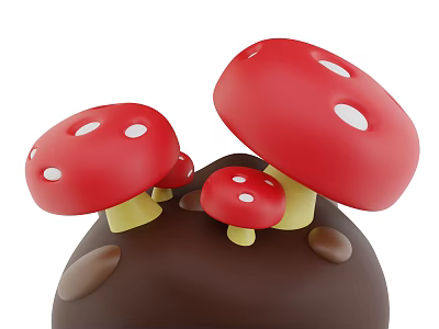 Red Mushrooms With White Spots And Yellow Stems On Brown Chocolate Ball With Small Dots 3d model