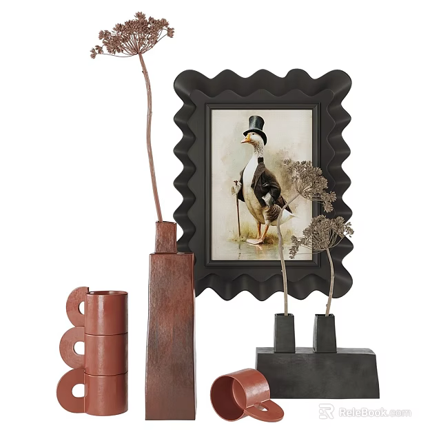 Vintage Decorative Ornament Set With Scalloped Frame Duck Picture Vases Spiral Ornaments And Dried Flowers 3d model 
