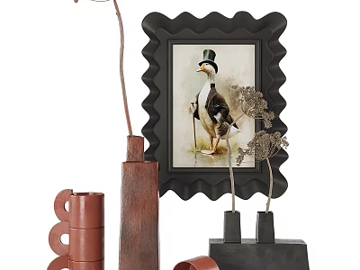 Vintage Decorative Ornament Set With Scalloped Frame Duck Picture Vases Spiral Ornaments And Dried Flowers 3d model