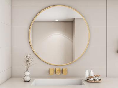 Round Gold Framed Mirror In Modern Bathroom With Light Tile Wall White Sink And Toiletries 3d model