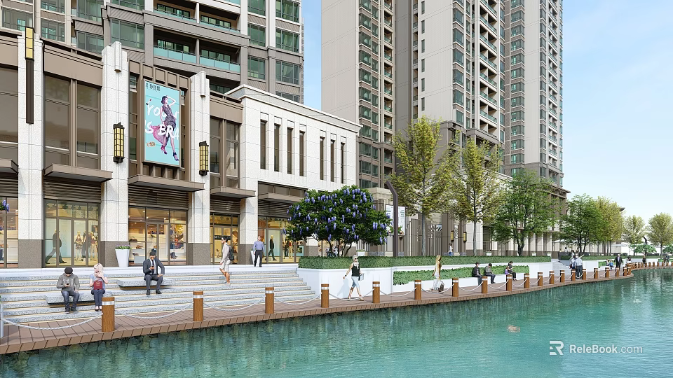 Modern Scenic Waterfront Landscape With Promenade People Walking High Rise Buildings And Green Trees 3d model 