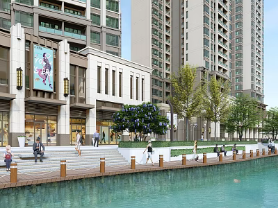 Modern Scenic Waterfront Landscape With Promenade People Walking High Rise Buildings And Green Trees 3d model