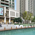 Modern Scenic Waterfront Landscape With Promenade People Walking High Rise Buildings And Green Trees