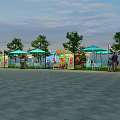Vibrant Commercial Street With Colorful Stalls Green Trees And Blue Umbrellas