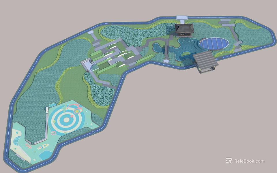 Roof Garden Design Featuring Paths Ponds Green Areas And Circular Seating Spaces 3d model 