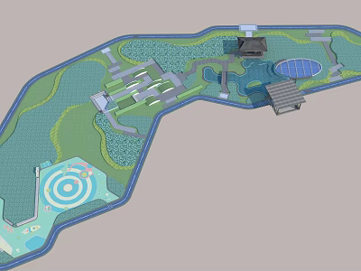 Roof Garden Design Featuring Paths Ponds Green Areas And Circular Seating Spaces 3d model