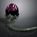 Red Blue White Striped Astronaut Helmet With Visor And Green Breathing Tube