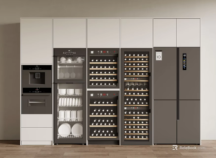 Modern Open Kitchen Interior Design With Built in Refrigerator Freezer And Cabinets 3d model