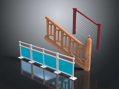 Staircase Railings And Guardrails Design With Wooden Metal And Glass Elements 3d model