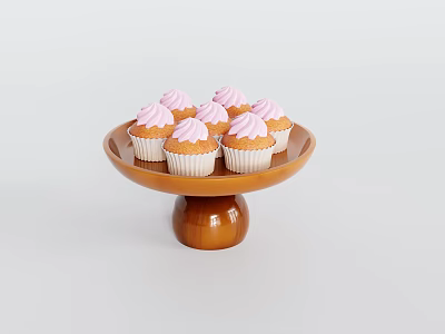 Delicious Cupcakes With Pink Cream On Top Brown Round Cake Stand 3d model