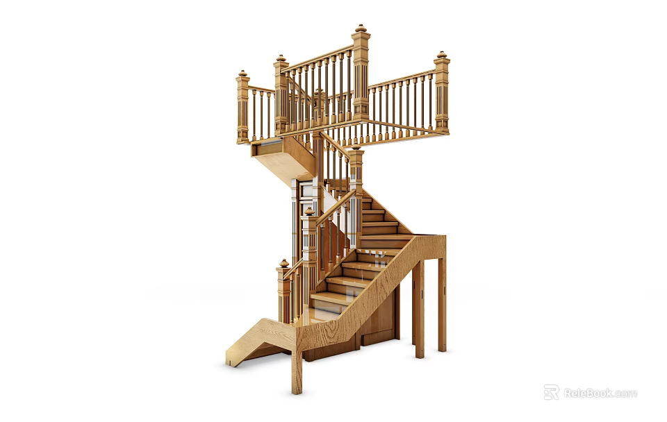 Wooden Spiral Staircase With Ornate Railings And Classic Newel Posts 3d model 