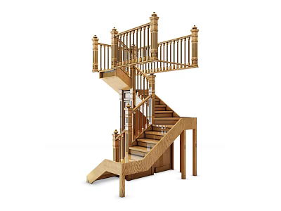 Wooden Spiral Staircase With Ornate Railings And Classic Newel Posts 3d model