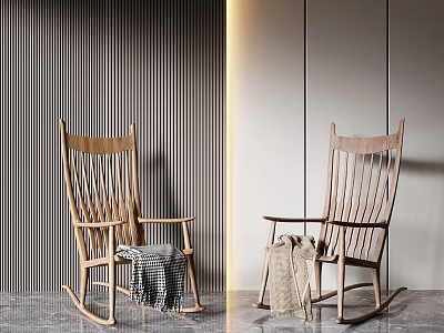 Wooden Rocking Chairs With Blankets Against Gray Striped And Wooden Walls 3d model