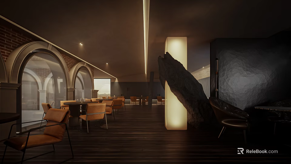 Modern Clubhouse Interior With Arched Structures Dark Wood Floors And Orange Chairs 3d model 