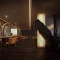 Modern Clubhouse Interior With Arched Structures Dark Wood Floors And Orange Chairs