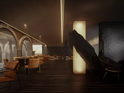 Modern Clubhouse Interior With Arched Structures Dark Wood Floors And Orange Chairs 3d model