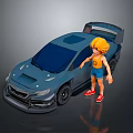 Blue Racing Car With Blonde Cartoon Character In Yellow Top And Red Shoes