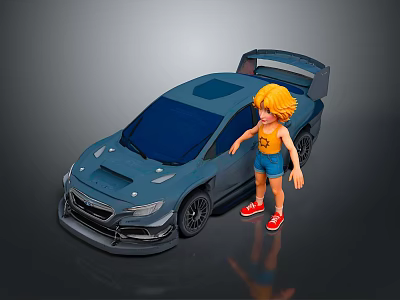 Blue Racing Car With Blonde Cartoon Character In Yellow Top And Red Shoes 3d model