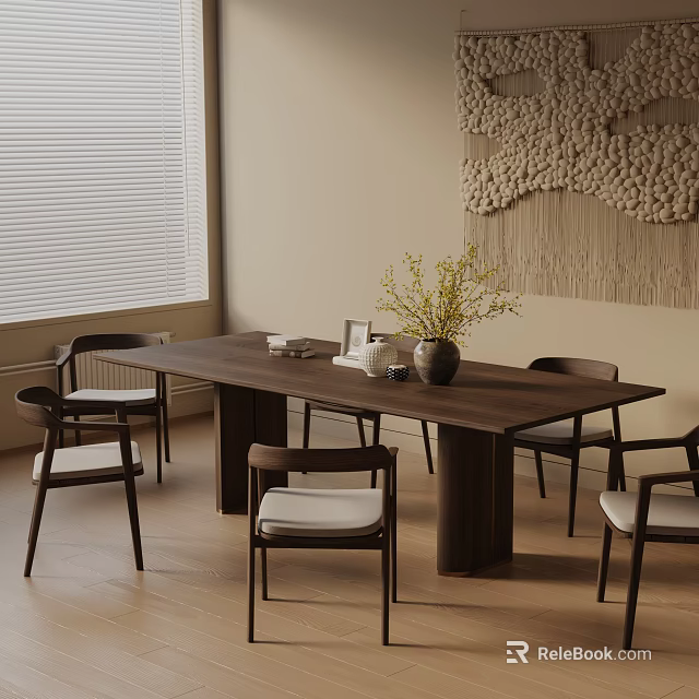 Modern Wooden Dining Table Set with Cushioned Chairs Vase and Woven Wall Decor 3d model 
