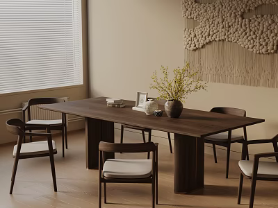Modern Wooden Dining Table Set with Cushioned Chairs Vase and Woven Wall Decor 3d model