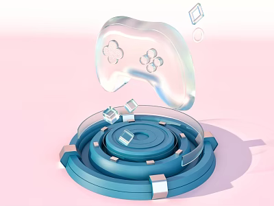 Futuristic Game Controller Floating Over Blue Circular Base With Transparent Cubes 3d model