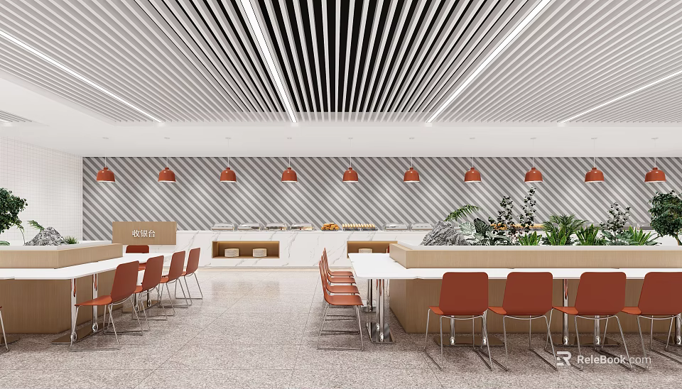 Modern Cafeteria Interior With Orange Chairs And Striped Ceiling 3d model