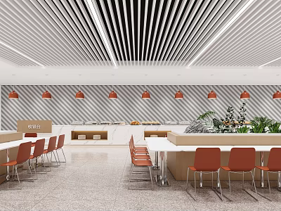 Modern Cafeteria Interior With Orange Chairs And Striped Ceiling 3d model