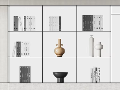 White Modern Bookshelf Interior With Multiple Shelves Books Vases And Decorative Bowl 3d model