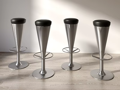 Modern Silver Metal Bar Stools With Black Padded Seats And Round Base Set Of Four 3d model