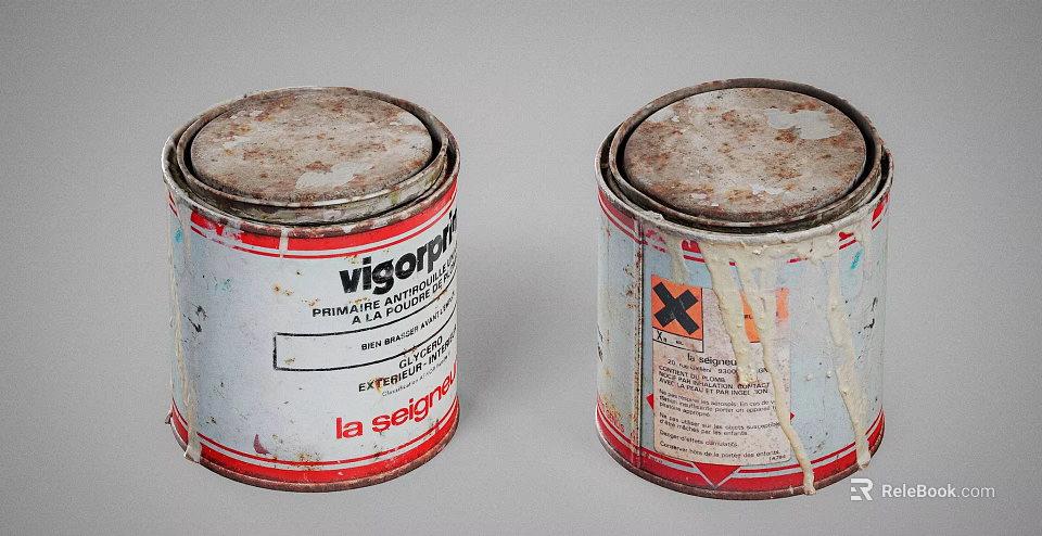 Rusty Industrial Equipment Metal Cans With Thixotropic Paste Labels And Cross Symbol 3d model 