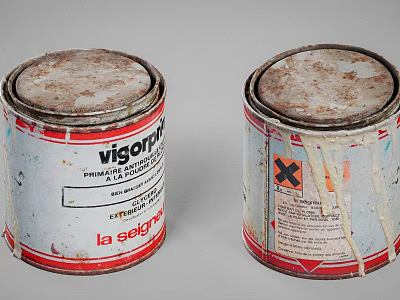 Rusty Industrial Equipment Metal Cans With Thixotropic Paste Labels And Cross Symbol 3d model