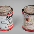 Rusty Industrial Equipment Metal Cans With Thixotropic Paste Labels And Cross Symbol