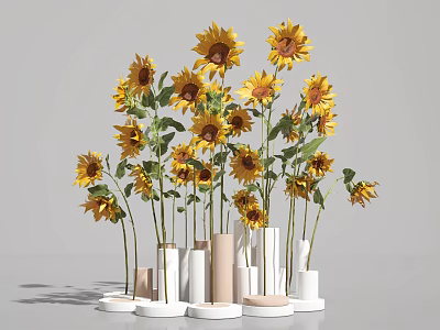 Modern Sunflower Arrangement in Neutral Cylindrical Vases on Gray Background for Home Decor 3d model
