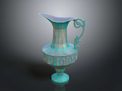 Decorative Iridescent Teal Ceramic Vase With Curved Handle And Intricate Patterns 3d model