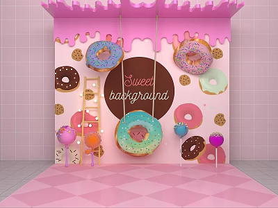 Pink Sweet Donut Themed Photo Check-in Spot With Decorative Candies And Cookies 3d model