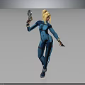 3D Render of Blonde Female Character in Blue Bodysuit Holding Gun and Wearing Roller Skates