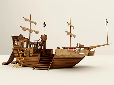 Wooden Pirate Ship Design Featuring Sails Ladder Slide Stairs And Black Flags 3d model Wooden Pirate Ship Design Featuring Sails Ladder Slide Stairs And Black Flags 3d model