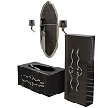 Elegant Black Bathroom Vanity With Silver Decorative Details Oval Mirror And Wall Sconces