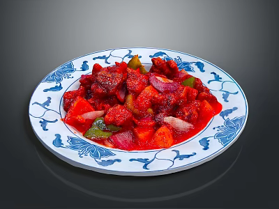 Colorful Spicy Meat Stir Fry With Carrots Onions Bell Peppers In Blue And White Plate 3d model