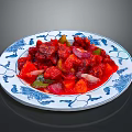 Colorful Spicy Meat Stir Fry With Carrots Onions Bell Peppers In Blue And White Plate