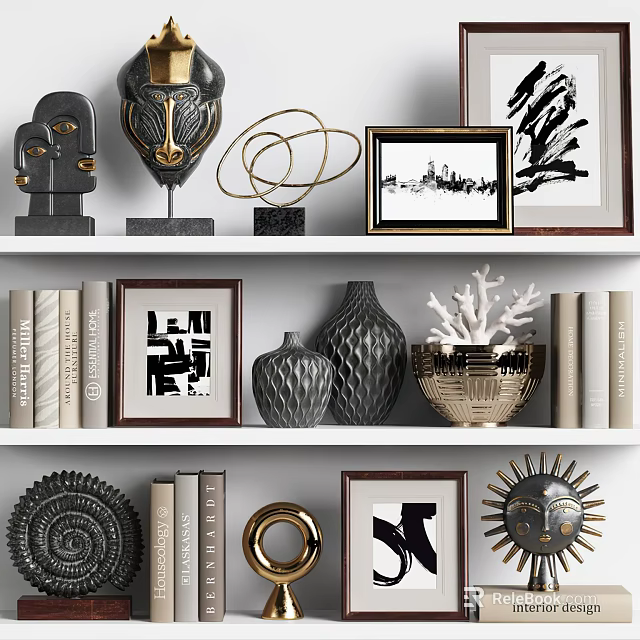 Modern Decorative Ornament Collection With Sculptures Framed Art Vases Coral Books And Geometric Metallic Design 3d model 