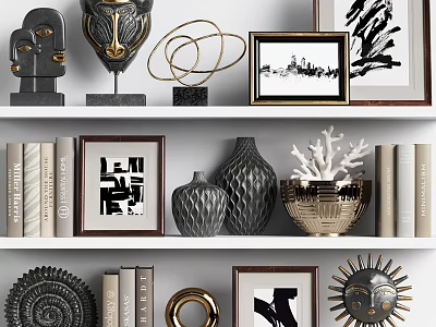 Modern Decorative Ornament Collection With Sculptures Framed Art Vases Coral Books And Geometric Metallic Design 3d model