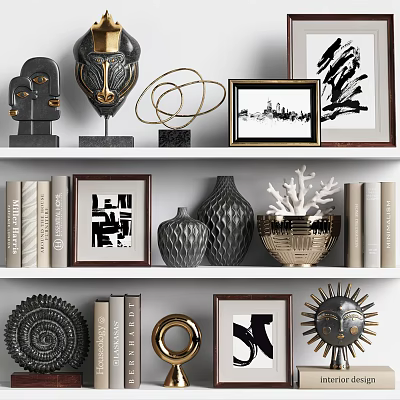 Modern Decorative Ornament Collection With Sculptures Framed Art Vases Coral Books And Geometric Metallic Design 3d model
