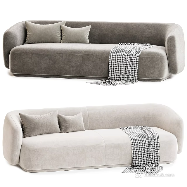 Modern Two Seater Sofa In Gray And Light Beige With Soft Cushions And Checkered Blanket 3d model 