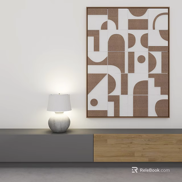 Modern Interior With Geometric Pattern Wall Art Table Lamp And Wooden Cabinet 3d model