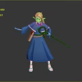 Blonde Woman Wearing Blue Robe Holding Brown Staff Posing Against Gray Background Magically